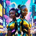 A Cyberpunk half bee and half Human girl with vizor, Afrofuturism, Cybernatic and Sci-Fi, Cityscape, Bloom light effect, Colorful, Ecstatic, Exciting, Joyful