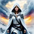 White hooded female assassin emerging from the fog of war, Highly Detailed, Vibrant Colors, Ink Art, Fantasy, Dark by Aliza Razell