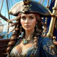 Alluring matte portrait of a beautiful female Pirate, 8k, Highly Detailed, Intricate, Half Body, Realistic, Sharp Focus, Volumetric Lighting, Fantasy, Elegant by Alphonse Mucha