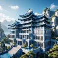 A gorgeous Chinese - style high - rise villa stands in the valley, luxurious majestic silver - grey blue antique palace, 8k, HD, High Definition, Trending on Artstation, Soft Lighting