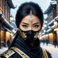 Alluring portrait of a mysterious beautiful masked kunoichi ninja wearing eyeliner and gold jewelry in the streets of a dark snowy town in moscow, fluid motion, 8k, Intricate Details, Trending on Artstation, Beautiful, Stunning by Stanley Artgerm Lau, WLOP