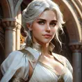 Closeup of Ciri in a white dress, Highly Detailed, Intricate, Artstation, Beautiful, Digital Painting, Sharp Focus, Concept Art, Elegant by Stanley Artgerm Lau, Alphonse Mucha, Greg Rutkowski