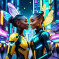 A Cyberpunk half bee and half Human girl with vizor, Afrofuturism, Cybernatic and Sci-Fi, Cityscape, Bloom light effect, Colorful, Ecstatic, Exciting, Joyful