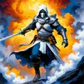 White Assassin emerging from a firey fog of battle, ink splash, Highly Detailed, Vibrant Colors, Ink Art, Fantasy, Dark by Tim Hildebrandt