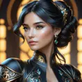 Alluring matte portrait of a beautiful Sona in black leather, 8k, Highly Detailed, Intricate, Half Body, Realistic, Sharp Focus, Volumetric Lighting, Fantasy, Elegant by Stanley Artgerm Lau, Alphonse Mucha, WLOP, Stefan Kostic