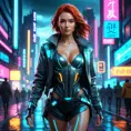 full body shot, beautiful woman walking with beatiful and detailed eyes, dynamic pose, slightly athletic beatiful body, medium-sized chest, detailed attire, Hyper Detailed, Intricate Artwork, Masterpiece, Cybernatic and Sci-Fi, Cyberpunk, Freckles, Full Lips, Red Hair, Smiling, Digital Illustration, Cityscape, Blade Runner 2049, Neon light effect, Realistic, Sharp Focus, Wide Angle, Neon, Dripping Colors, Matte, Futurism, Artwork, Dieselpunk, Colorful, Dynamic, Elegant, Expressive, Graceful, Hot, Gloomy, Sad, Stormy, Terrifying, Tired