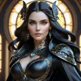 Alluring matte portrait of a beautiful Morgana in black leather, 8k, Highly Detailed, Intricate, Half Body, Realistic, Sharp Focus, Volumetric Lighting, Fantasy, Elegant by Stanley Artgerm Lau, Alphonse Mucha, WLOP, Stefan Kostic