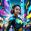 A Cyberpunk half bee and half Human girl with vizor, Cybernatic and Sci-Fi, Cityscape, Bloom light effect, Colorful, Ecstatic, Exciting, Joyful