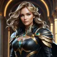 Alluring matte portrait of a beautiful Kayle in black leather, 8k, Highly Detailed, Intricate, Half Body, Realistic, Sharp Focus, Volumetric Lighting, Fantasy, Elegant by Stanley Artgerm Lau, Alphonse Mucha, WLOP, Stefan Kostic