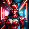 Asian cyberpunk feme fatale in expensive red dress with mask at a masquerade ball smart but dangerous in a high-tech club., Cyberpunk, Photo Realistic