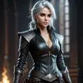 Alluring matte full body portrait of a beautiful Ciri wearing black leather, 8k, Highly Detailed, Intricate, Realistic, Sharp Focus, Volumetric Lighting, Fantasy, Elegant by Stanley Artgerm Lau, WLOP