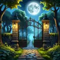 A beautiful digital illustration painting of a detailed gothic fantasy fireflies forest trees and iron gate cobblestone pathway vines full moon, 8k, Artstation, Digital Illustration, Concept Art by Justin Gerard, James Gurney