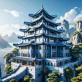 A gorgeous Chinese - style high - rise villa stands in the valley, luxurious majestic silver - grey blue antique palace, 8k, HD, High Definition, Trending on Artstation, Soft Lighting