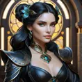 Alluring matte portrait of a beautiful Morgana in black leather, 8k, Highly Detailed, Intricate, Half Body, Realistic, Sharp Focus, Volumetric Lighting, Fantasy, Elegant by Stanley Artgerm Lau, Alphonse Mucha, WLOP, Stefan Kostic