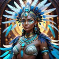 A visionary painting of a single alluring electronic mystical tribal goddess surrounded by feathers and gemstones, 8k, Highly Detailed, Intricate, Artstation, Matte Painting, Sharp Focus, Volumetric Lighting, Concept Art by Stanley Artgerm Lau, Greg Rutkowski