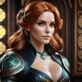 Alluring matte portrait of a beautiful Triss Merigold wearing black leather, 8k, Highly Detailed, Intricate, Half Body, Realistic, Sharp Focus, Volumetric Lighting, Fantasy, Elegant by Stanley Artgerm Lau, Alphonse Mucha, WLOP