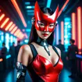 Asian cyberpunk feme fatale in expensive red dress with mask at a masquerade ball smart but dangerous in a high-tech club., Cyberpunk, Photo Realistic