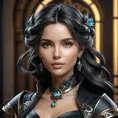 Alluring matte portrait of a beautiful Seraphine in black leather, 8k, Highly Detailed, Intricate, Half Body, Realistic, Sharp Focus, Volumetric Lighting, Fantasy, Elegant by Stanley Artgerm Lau, Alphonse Mucha, WLOP, Stefan Kostic