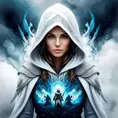 White hooded female assassin emerging from the fog of war, Highly Detailed, Vibrant Colors, Ink Art, Fantasy, Dark by Aliza Razell