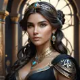 Alluring matte portrait of a beautiful Kassandra in black, 8k, Highly Detailed, Intricate, Half Body, Realistic, Sharp Focus, Volumetric Lighting, Fantasy, Elegant by Stanley Artgerm Lau, Alphonse Mucha, WLOP, Stefan Kostic