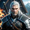 Heavily armed Geralt in The Witcher 3 style, 4k, Highly Detailed, Beautiful, Cinematic Lighting, Sharp Focus, Volumetric Lighting, Closeup Portrait, Concept Art