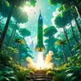 Studio ghibli, rocket explosion, jungle, solar, green technology, optimist future, 8k, Bokeh effect, Cinematic Lighting, Octane Render, Iridescence, Vibrant by Beeple, Asher Brown Durand, Dan Mumford, Greg Rutkowski, WLOP