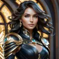 Alluring matte portrait of a beautiful Kayle in black leather, 8k, Highly Detailed, Intricate, Half Body, Realistic, Sharp Focus, Volumetric Lighting, Fantasy, Elegant by Stanley Artgerm Lau, Alphonse Mucha, WLOP, Stefan Kostic