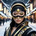 Alluring portrait of a mysterious beautiful masked kunoichi ninja wearing eyeliner and gold jewelry in the streets of a dark snowy town in moscow, fluid motion, 8k, Intricate Details, Trending on Artstation, Beautiful, Stunning by Stanley Artgerm Lau, WLOP