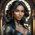 Alluring matte portrait of a beautiful Samira in black leather, 8k, Highly Detailed, Intricate, Half Body, Realistic, Sharp Focus, Volumetric Lighting, Fantasy, Elegant by Stanley Artgerm Lau, Alphonse Mucha, WLOP, Stefan Kostic