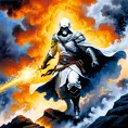 White Assassin emerging from a firey fog of battle, ink splash, Highly Detailed, Vibrant Colors, Ink Art, Fantasy, Dark by Tim Hildebrandt