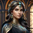 Alluring matte portrait of a beautiful Kassandra in black, 8k, Highly Detailed, Intricate, Half Body, Realistic, Sharp Focus, Volumetric Lighting, Fantasy, Elegant by Stanley Artgerm Lau, Alphonse Mucha, WLOP, Stefan Kostic