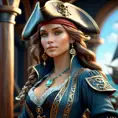 Alluring matte portrait of a beautiful female Pirate, 8k, Highly Detailed, Intricate, Half Body, Realistic, Sharp Focus, Volumetric Lighting, Fantasy, Elegant by Alphonse Mucha