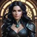 Alluring matte portrait of a beautiful Yennefer wearing black leather, 8k, Highly Detailed, Intricate, Half Body, Realistic, Sharp Focus, Volumetric Lighting, Fantasy, Elegant by Stanley Artgerm Lau, Alphonse Mucha, WLOP