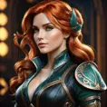 Alluring matte portrait of a beautiful Triss Merigold in black leather, 8k, Highly Detailed, Intricate, Half Body, Realistic, Sharp Focus, Volumetric Lighting, Fantasy, Elegant by Stanley Artgerm Lau, Alphonse Mucha, WLOP, Stefan Kostic