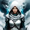 Female white hooded Assassin emerging from the fog of war, Highly Detailed, Vibrant Colors, Ink Art, Fantasy, Dark by Stefan Kostic