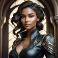 Alluring matte portrait of a beautiful Samira in black leather, 8k, Highly Detailed, Intricate, Half Body, Realistic, Sharp Focus, Volumetric Lighting, Fantasy, Elegant by Stanley Artgerm Lau, Alphonse Mucha, WLOP, Stefan Kostic