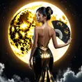 Full body back of an Asian goddess in a black and gold backless dress holding a fan in one hand. A fantastically large moon background, detailed gorgeous face, natural skin, fire and ice, splatter, black ink, liquid melting, dreamy, glowing, glamour, glimmer, shadows, ominous, golden ratio, production cinematic character render, ultra high quality model, 8k, Highly Detailed, Intricate, Masterpiece, Oil on Canvas, Sharp Focus, Smooth, Unreal Engine, Glamour Shot, Vibrant Colors, Ominous