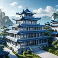 A gorgeous Chinese - style high - rise villa stands in the valley, luxurious majestic silver - grey blue antique palace, 8k, HD, High Definition, Trending on Artstation, Soft Lighting