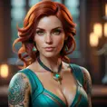 Matte portrait of Triss Merigold with tattoos, 8k, Highly Detailed, Alluring, Artstation, Bokeh effect, Sharp Focus, Volumetric Lighting, Concept Art by Stanley Artgerm Lau, Greg Rutkowski