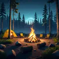 A highly detailed matte painting of a camp fire in the forest at night in the style of Firewatch, 4k resolution, Masterpiece, Trending on Artstation, Volumetric Lighting