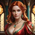 Alluring matte portrait of a beautiful Triss Merigold in a Red Dress, 8k, Highly Detailed, Intricate, Half Body, Realistic, Sharp Focus, Volumetric Lighting, Fantasy, Elegant by Stanley Artgerm Lau, Alphonse Mucha, WLOP