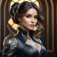 Alluring matte portrait of a beautiful Quinn in black leather, 8k, Highly Detailed, Intricate, Half Body, Realistic, Sharp Focus, Volumetric Lighting, Fantasy, Elegant by Stanley Artgerm Lau, Alphonse Mucha, WLOP, Stefan Kostic