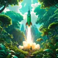 Studio ghibli, rocket explosion, jungle, solar, green technology, optimist future, 8k, Bokeh effect, Cinematic Lighting, Octane Render, Iridescence, Vibrant by Beeple, Asher Brown Durand, Dan Mumford, Greg Rutkowski, WLOP