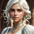 Closeup of Ciri in a white dress, Highly Detailed, Intricate, Artstation, Beautiful, Digital Painting, Sharp Focus, Concept Art, Elegant by Stanley Artgerm Lau, Alphonse Mucha, Greg Rutkowski