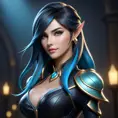 Alluring matte portrait of a beautiful Sona from League of Legends in black leather, 8k, Half Body, Realistic, Volumetric Lighting, Fantasy by Stanley Artgerm Lau, WLOP