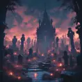 Hyper Detailed illustration of an eerie dystopian graveyard at night, 8k, Gothic and Fantasy, Horror, Epic, Sharp Focus, Deviantart by Alena Aenami, Studio Ghibli