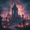 Hyper Detailed illustration of an eerie dystopian graveyard at night, 8k, Gothic and Fantasy, Horror, Epic, Sharp Focus, Deviantart by Alena Aenami, Studio Ghibli