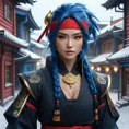 Mysterious beautiful kunoichi ninja with blue hair wearing black, red, and gold jewelry in the streets of a dark snowy town in russia, 8k, Intricate Details, Trending on Artstation, Red Hair by Stanley Artgerm Lau, WLOP