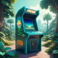 80s futuristic outdoor retro arcade, desolate, lush vegetation, Highly Detailed, Intricate, Artstation, Sharp Focus, Smooth, Octane Render, Centered, Dynamic, Elegant by Beeple, Justin Gerard, James Gilleard, Simon Stalenhag