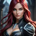 Alluring matte portrait of a beautiful Katarina from League of Legends in black leather, 8k, Half Body, Realistic, Volumetric Lighting, Fantasy by Stanley Artgerm Lau, WLOP